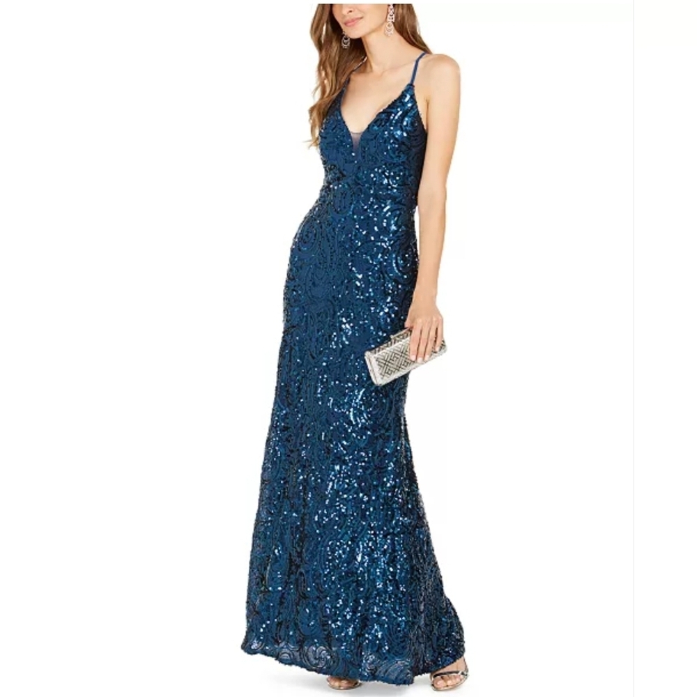 Nightway Navy Blue Sequin Scroll Prom Gown Formal Wedding Guest Maxi Dress- Sz 8